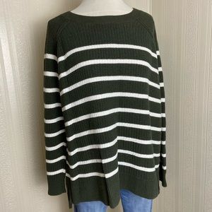 Old Navy Stripe Olive Green & White Loose Fit Crew Neck Sweater Women XL